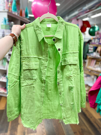Lime Green Distressed Shacket