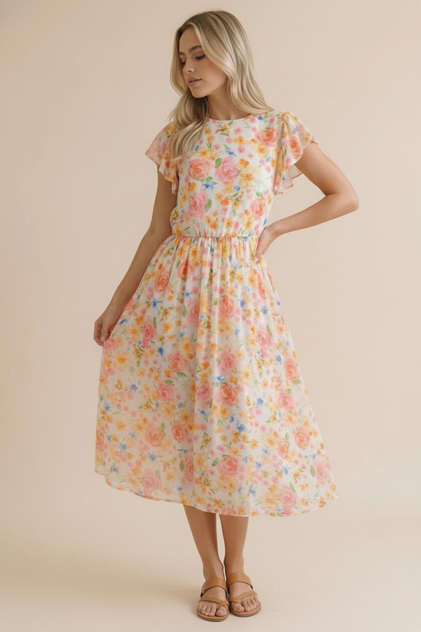 coral floral midi dress Floral Corseted A-line Dress 8 / Rosette/Coral