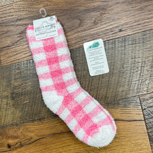 Pink Check Holiday Knit Pickin’ Fireside Crew | World’s Softest Socks