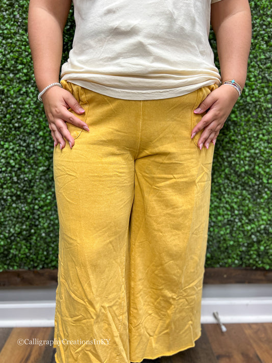 Mustard-Mineral Wash Terry Wide Pants