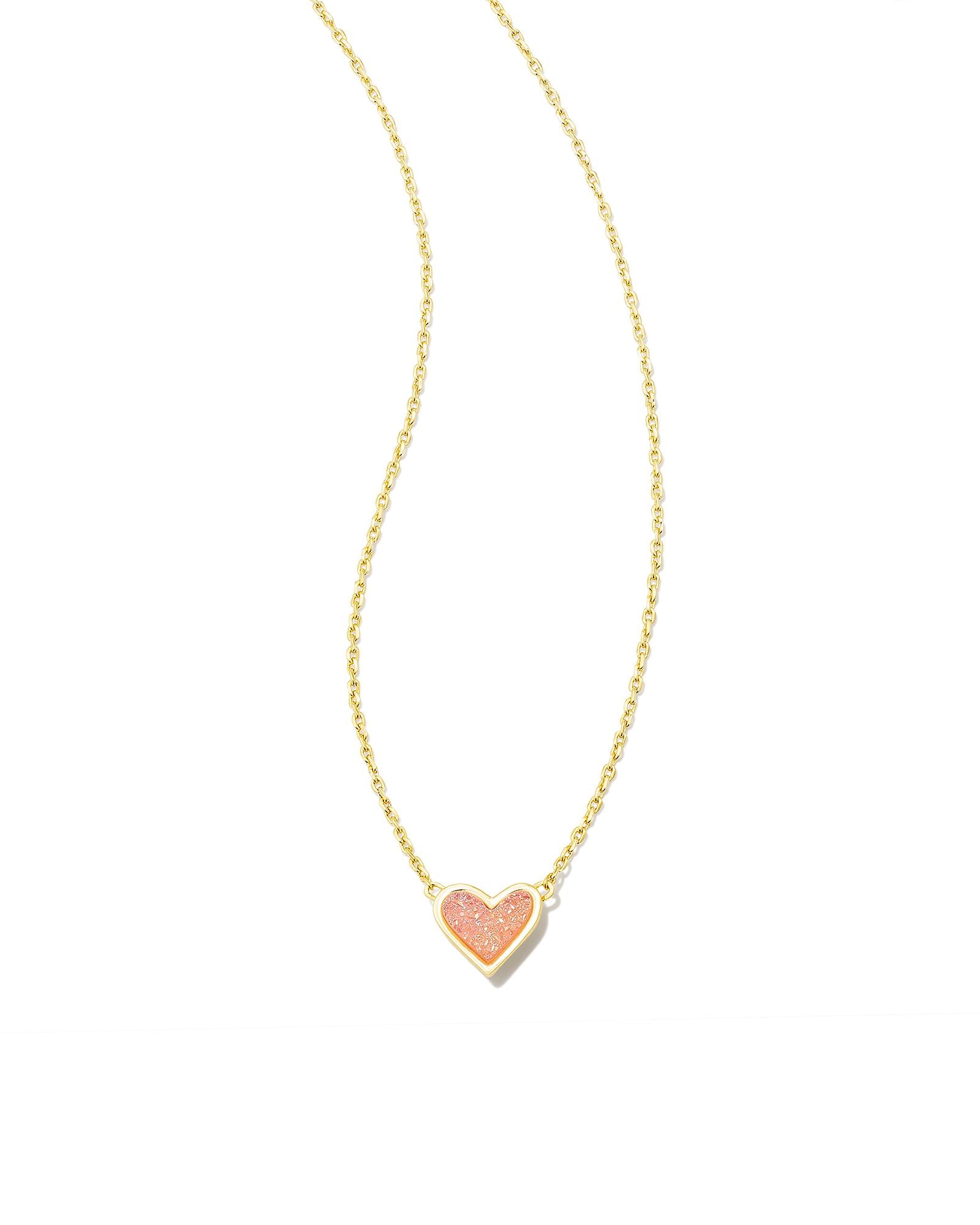 Kendra Scott Framed Ari Heart Short Pendant Necklace Gold Light Pink Drusy
