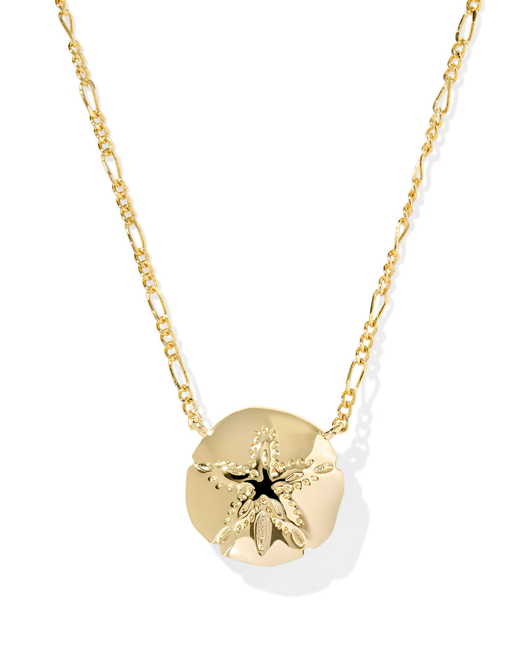 Gold necklace with a round pendant on a white background