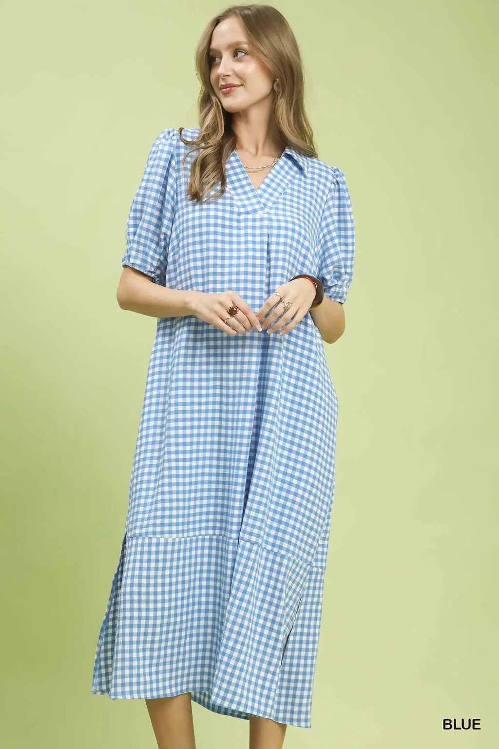 Blue gingham midi dress