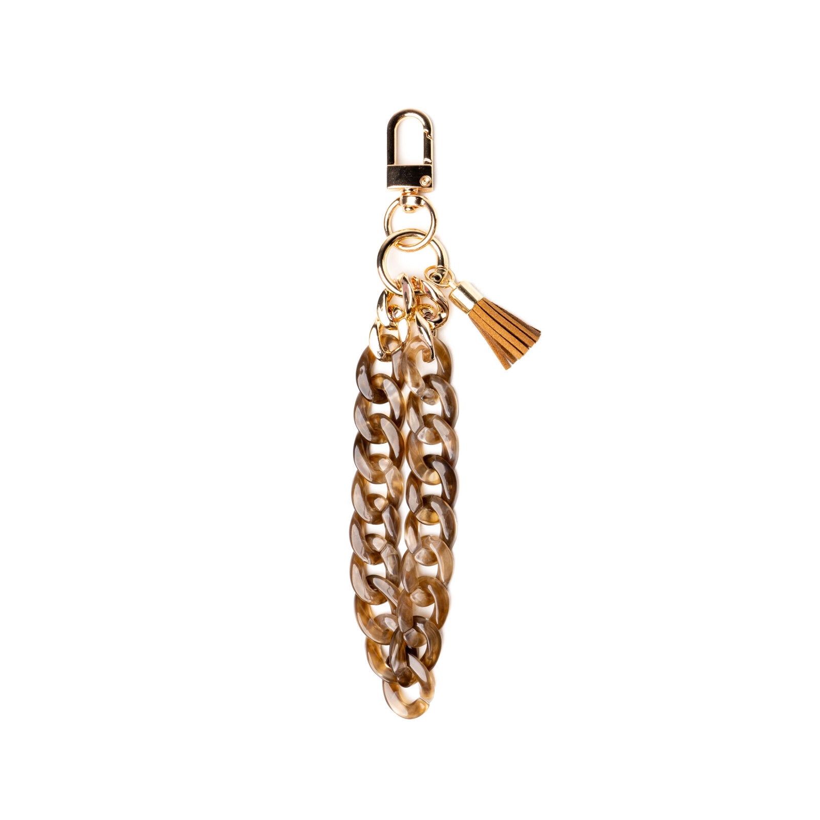 Brown keychain with gold clasp on white background