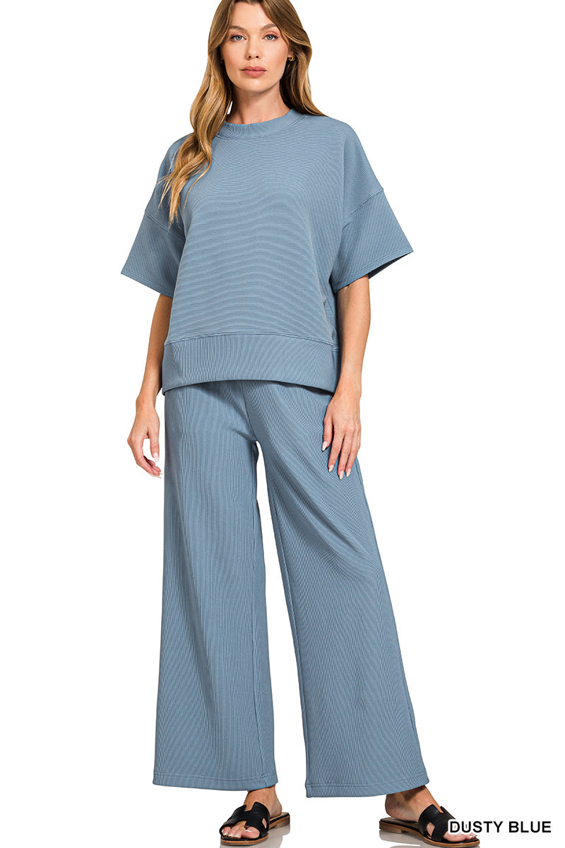 Dusty Blue | Ribbed Tee + Pants Set