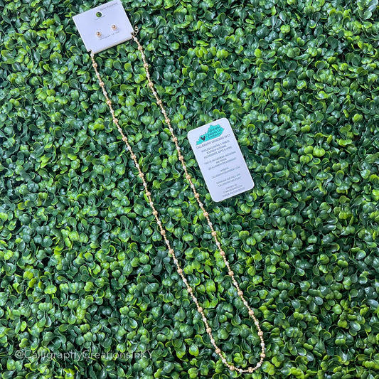 Long Pearl + Gold Strand Necklace (With Gold Stud Earrings)