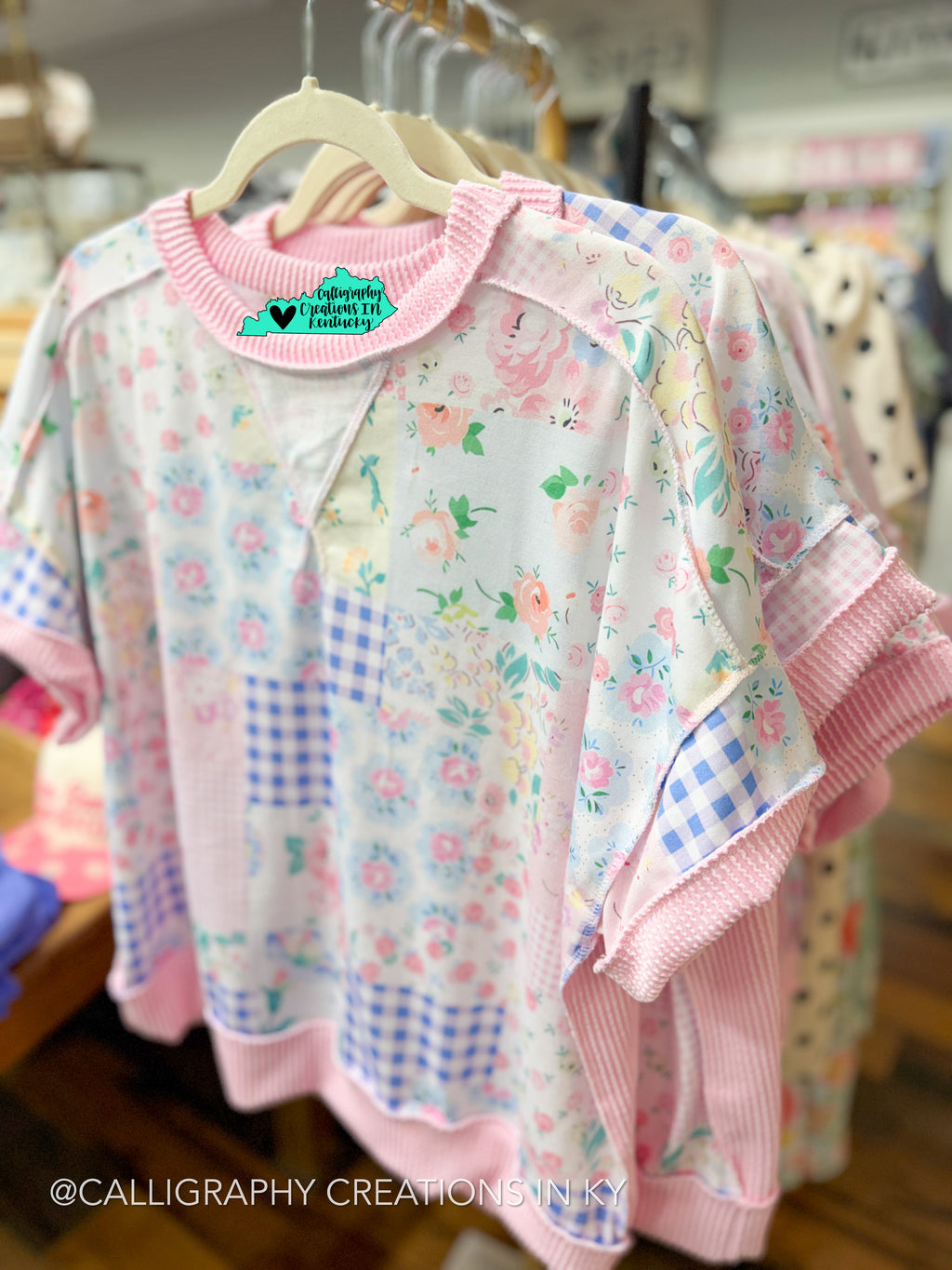 Blue/Blush Floral Patchwork Top