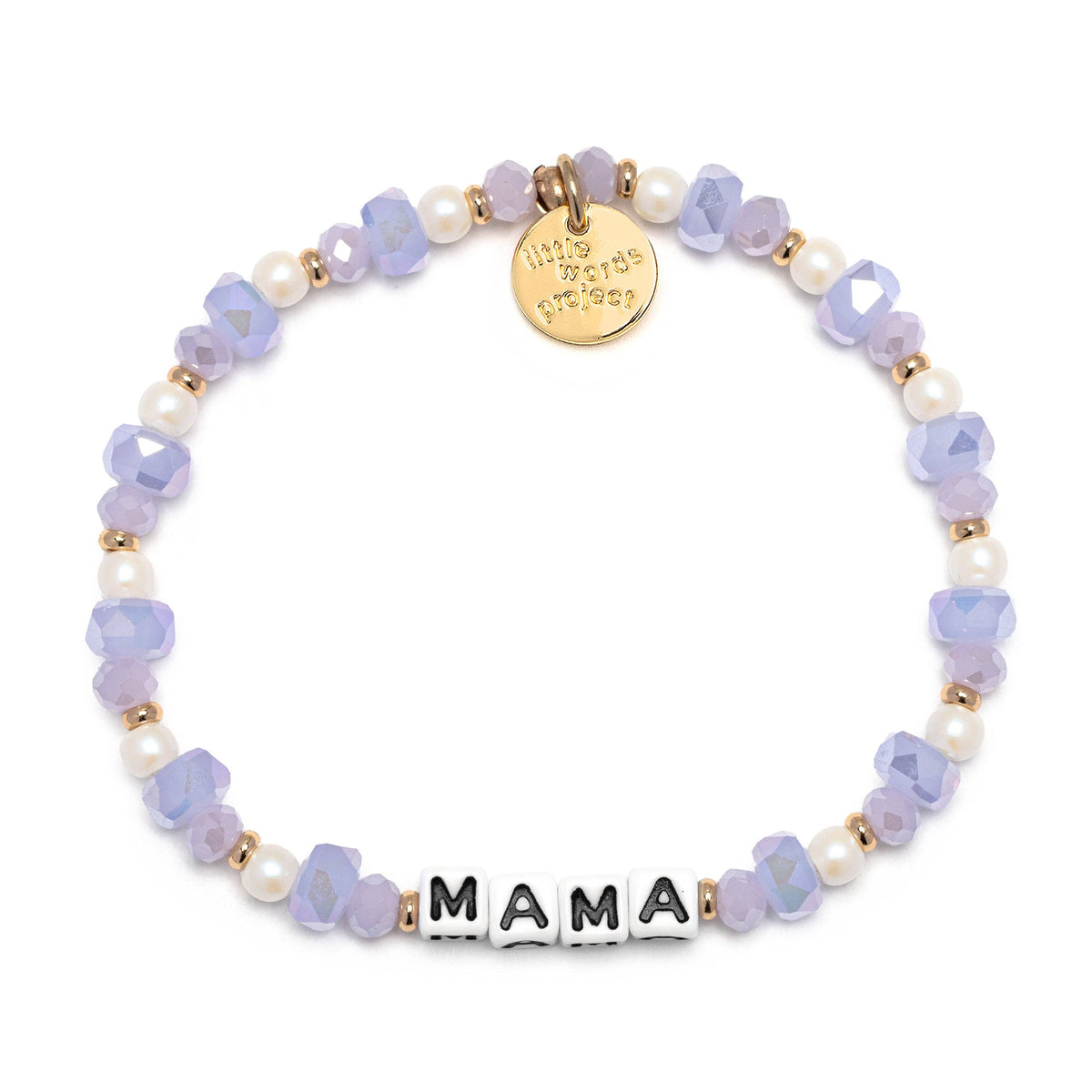 Bracelet with purple and white beads that say MAMA and a gold tag on a white background