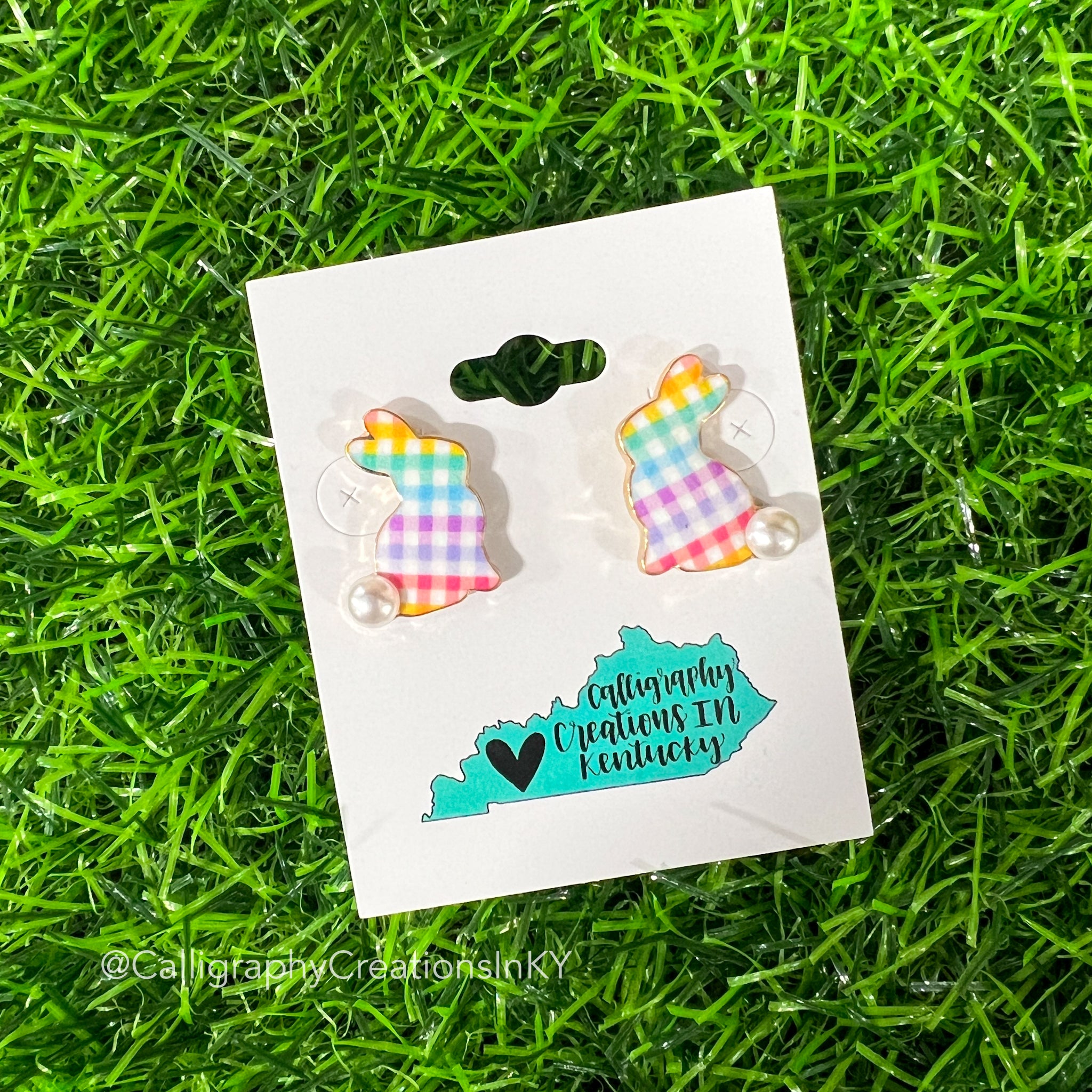Plaid Bunny Stud Earrings - Rainbow