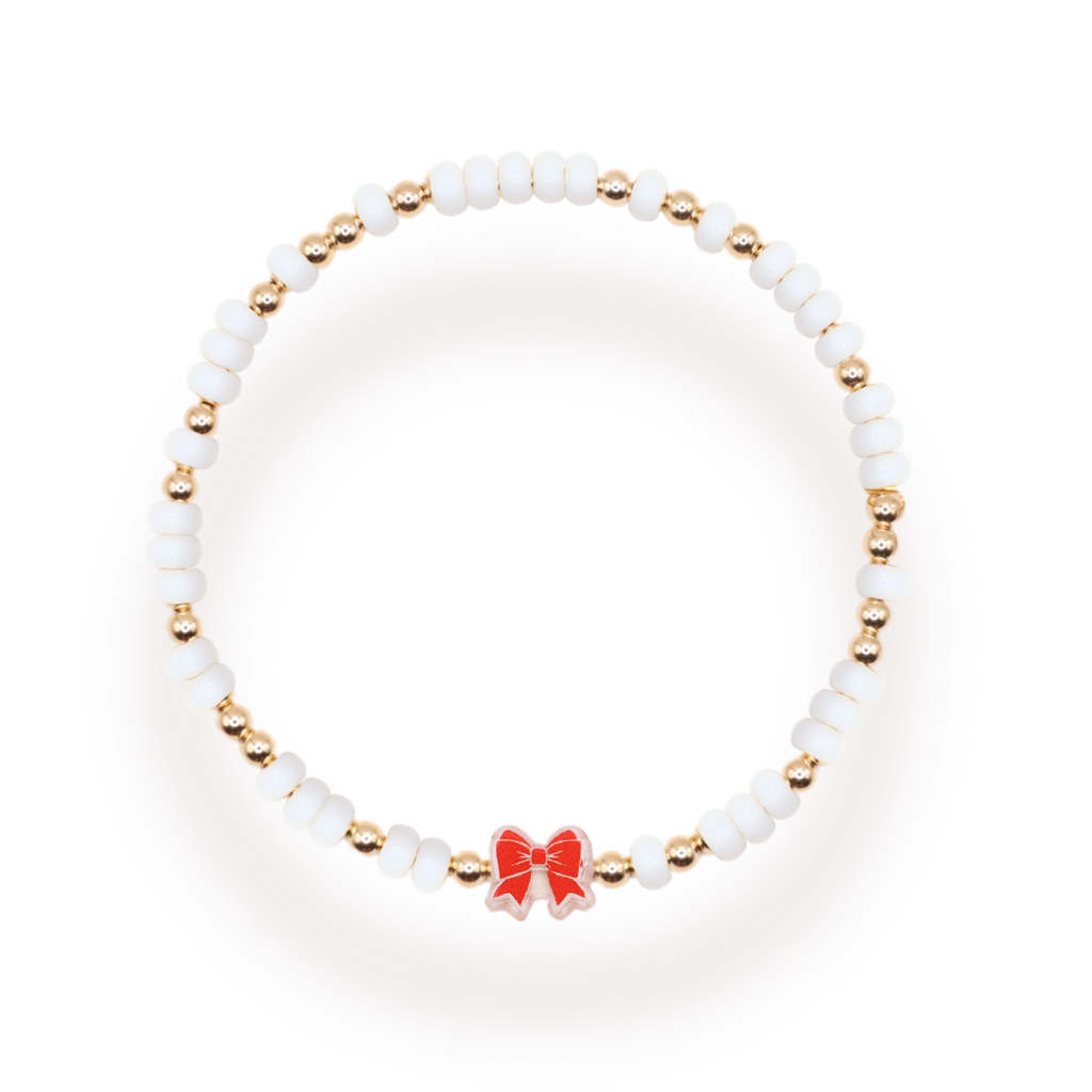 Red and White Bow Bracelet: Standard 6.75 inch / Sprinkle | Beaded Blondes