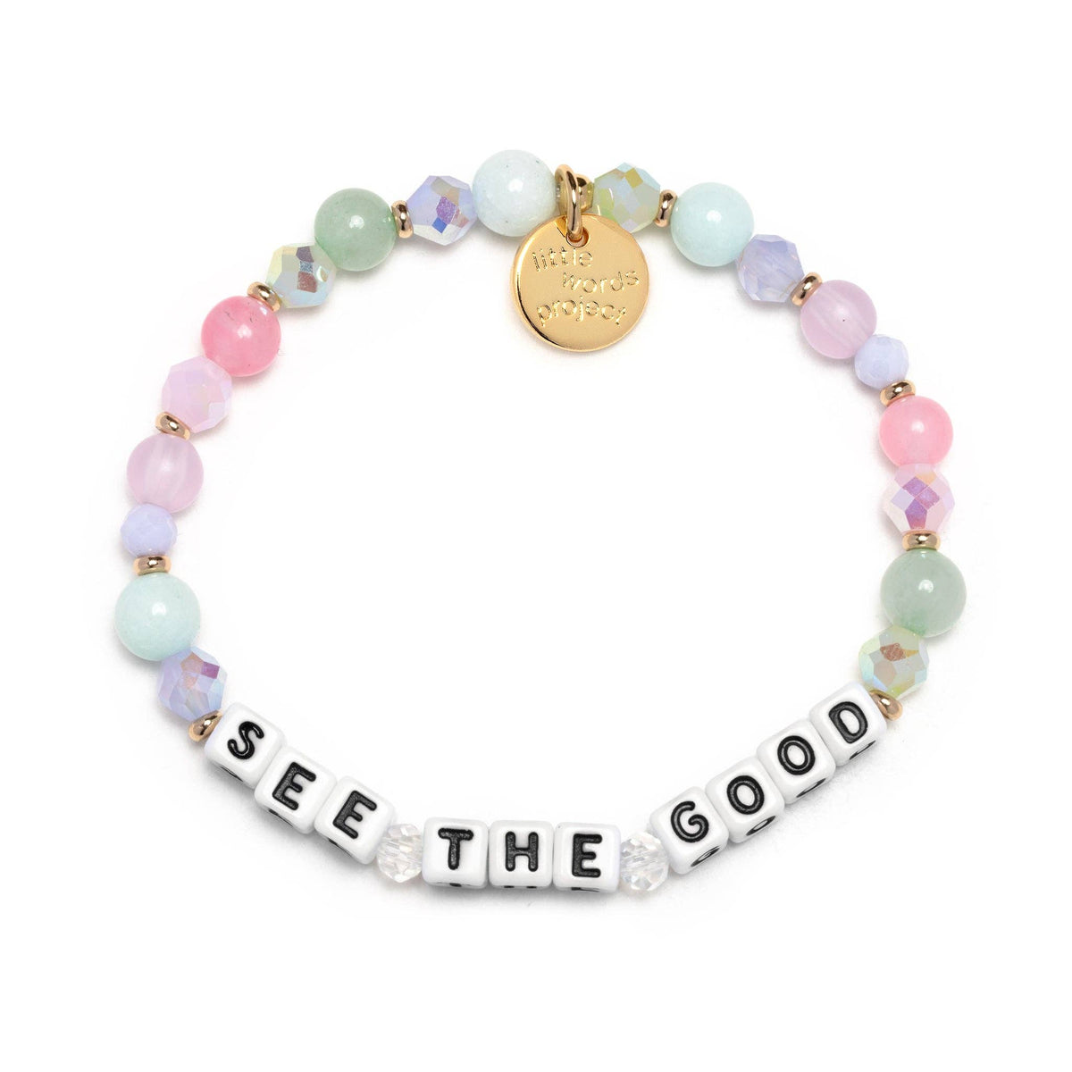 Multicolored beaded bracelet with 'See the Good' message on a white background