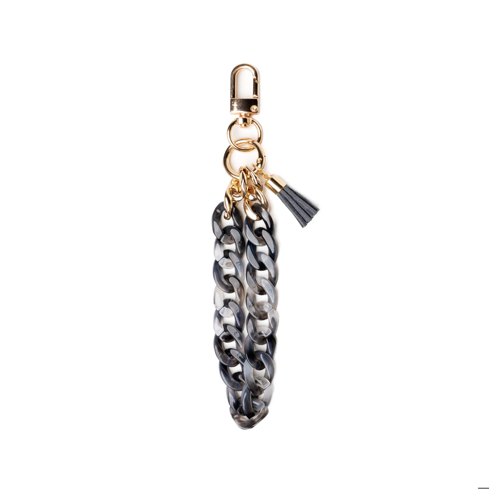 Black keychain with a gold clasp on white background