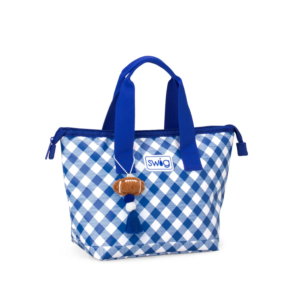 A blue and white gingham checkered insulated lunch bag with royal blue handles and a small football charm, shown on a plain white background.