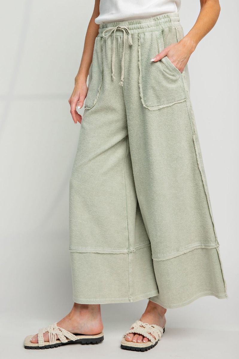 Faded Olive • Mineral Washed Terry Knit Palazzo Pants