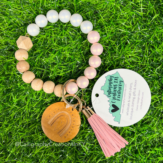 Rainbow Pearl/Wood Wrist Keychain