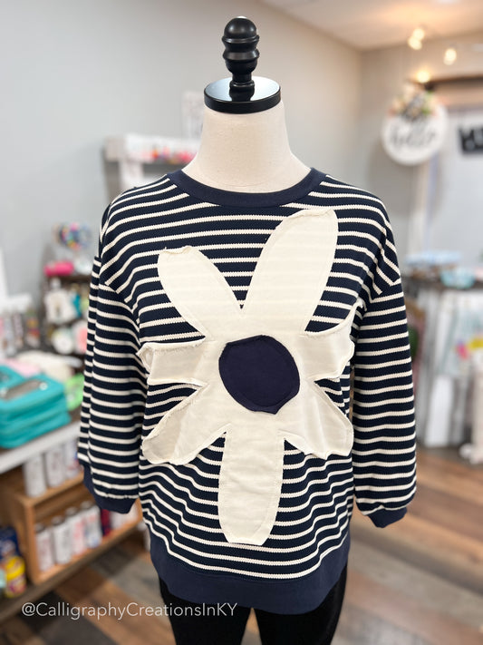 Navy Stripe Flower Top