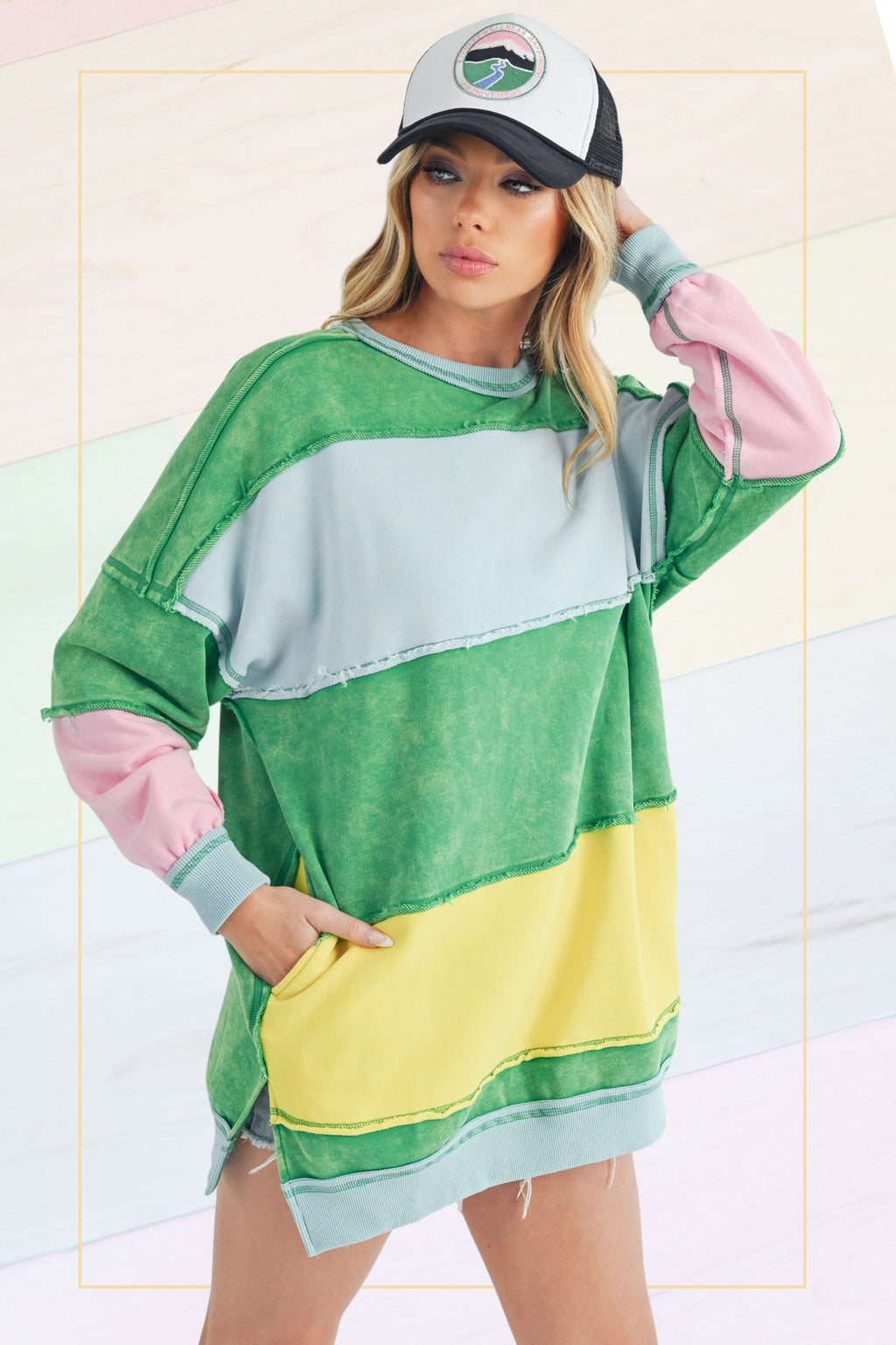 Oversized Green Multi Colorblock Sweatshirt