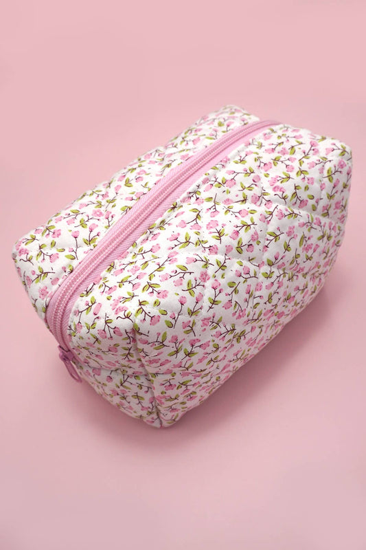 Pink Floral Quilted Cosmetic Pouch