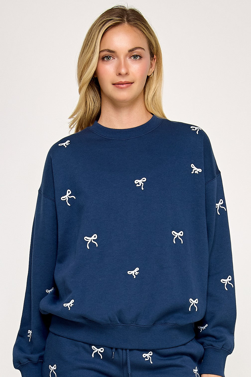 Blue Embroidered Bow Sweatshirt