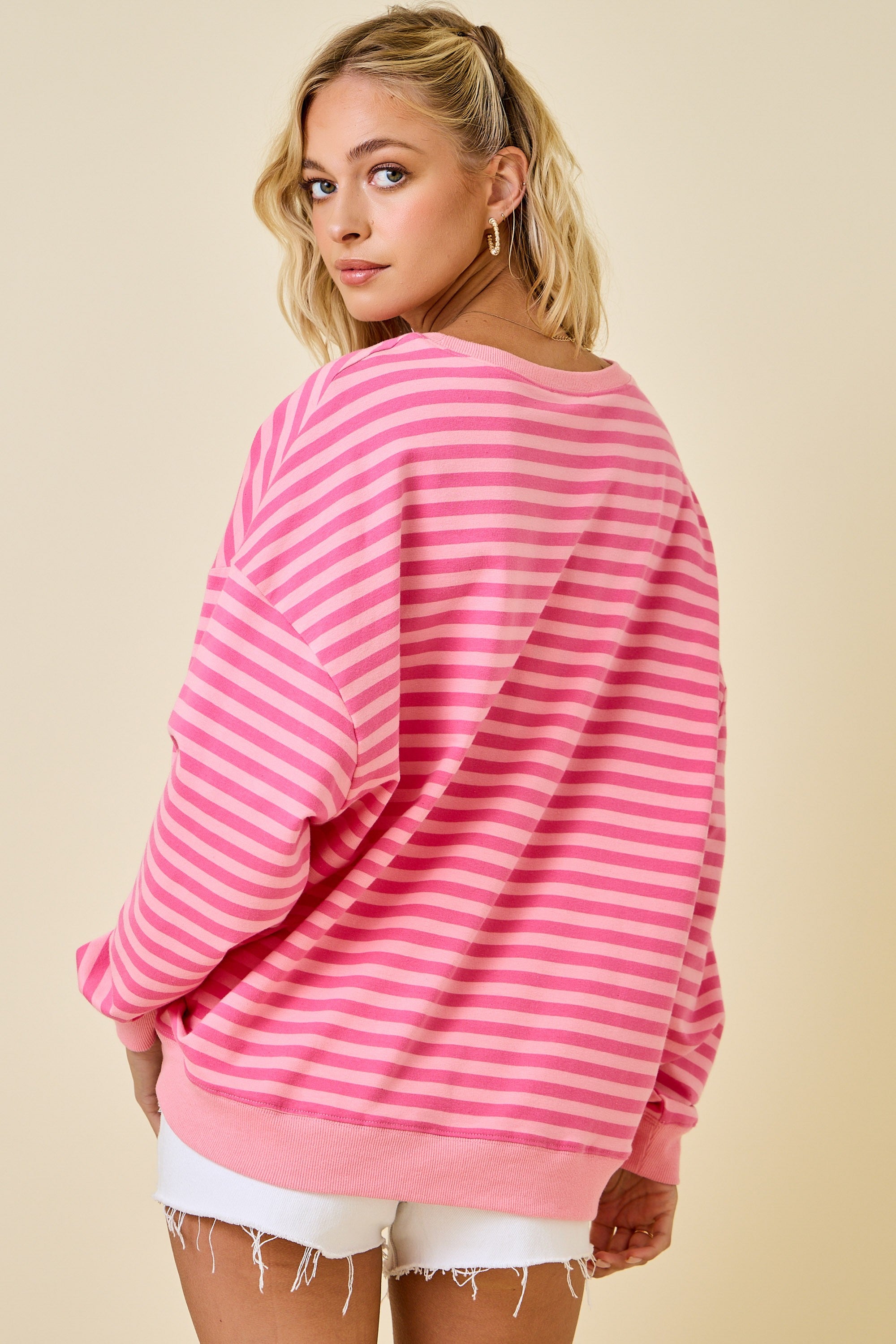Lt. Pink/Pink Long Sleeve Oversized Stripe Knit Top
