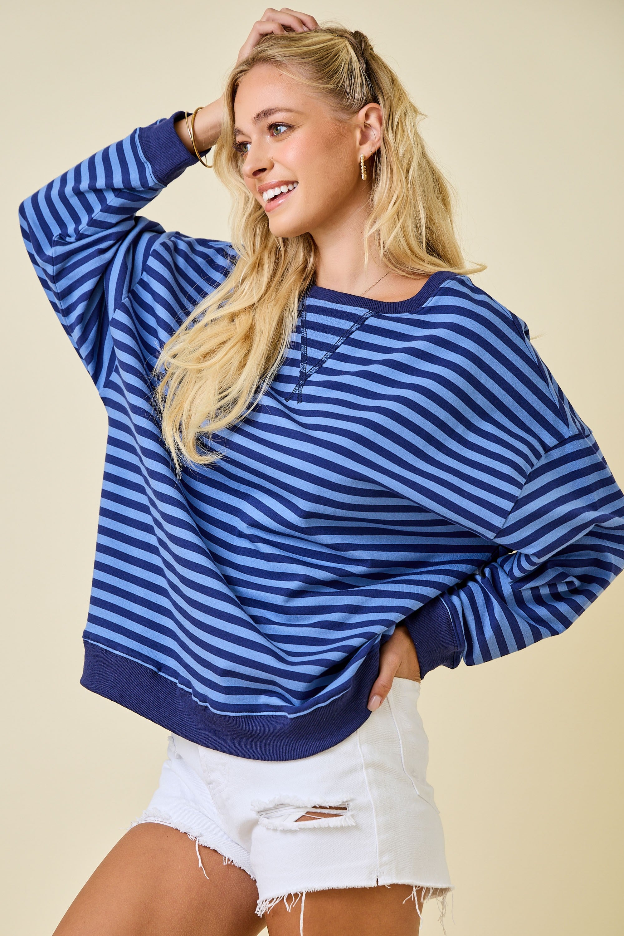 Navy/Blue Long Sleeve Oversized Stripe Knit Top