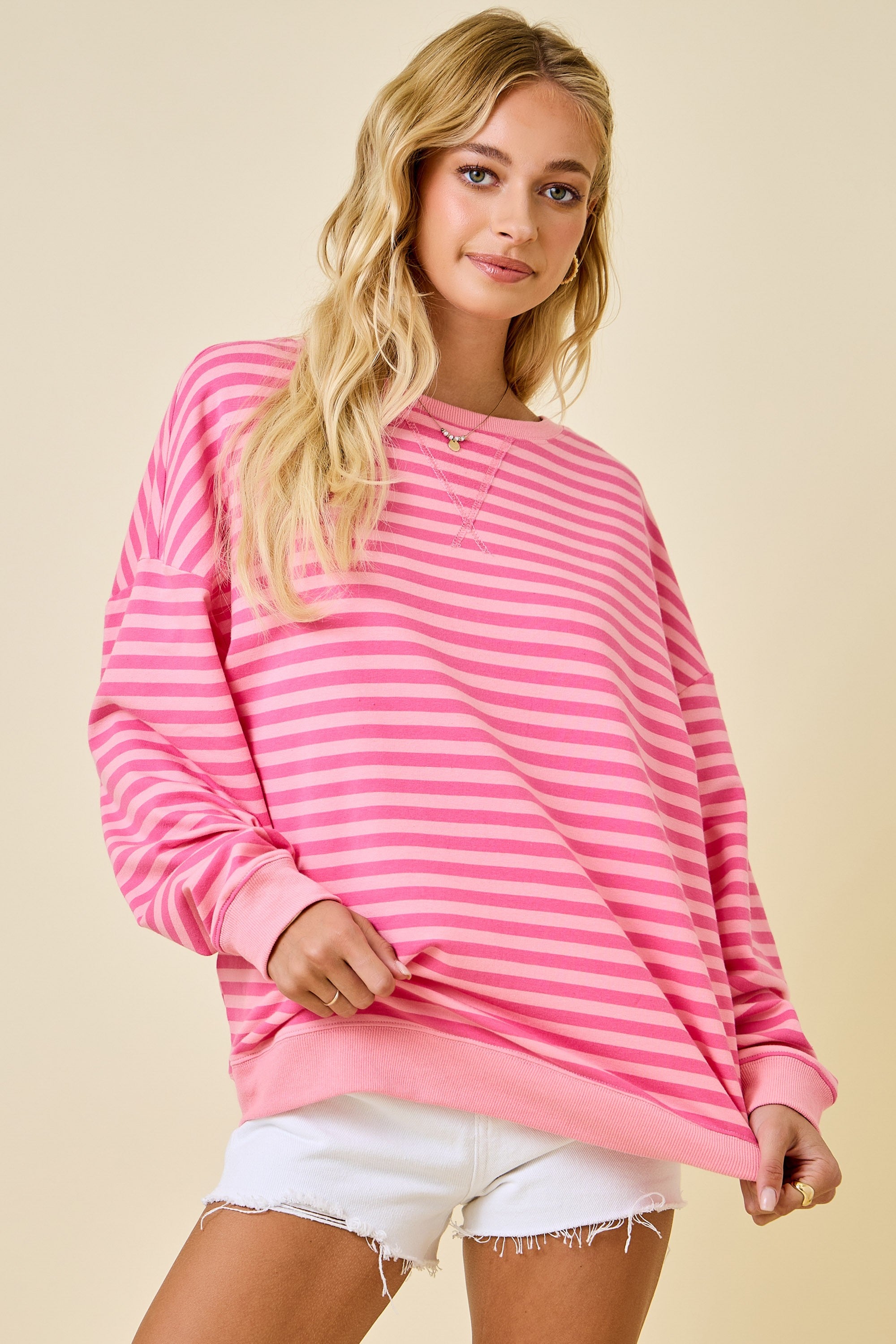 Lt. Pink/Pink Long Sleeve Oversized Stripe Knit Top