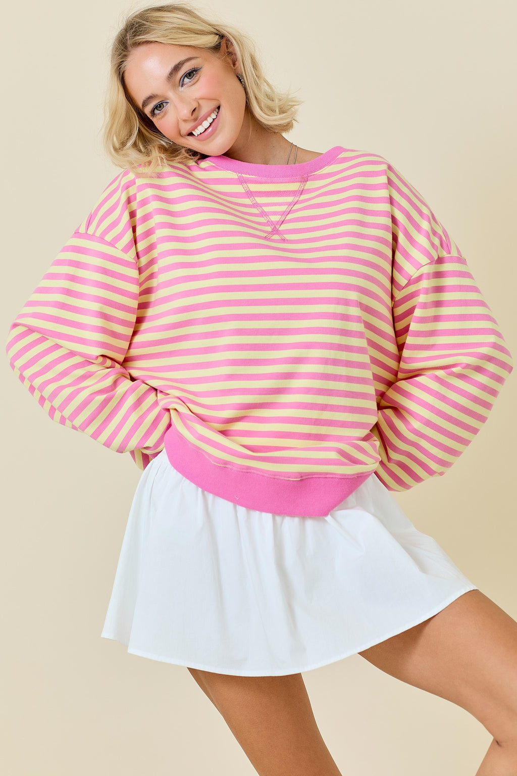 Pink/Yellow Long Sleeve Oversized Stripe Knit Top