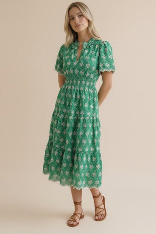 Green Embroidery Scallop Dress
