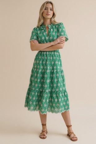 Green Embroidery Scallop Dress