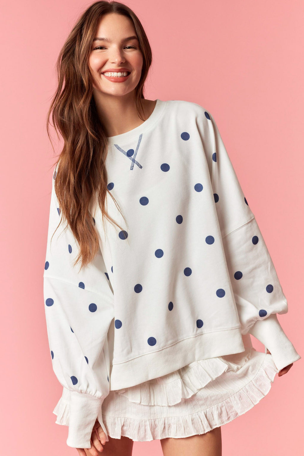 Off White & Blue Polkadot Oversized Crewneck Pullover