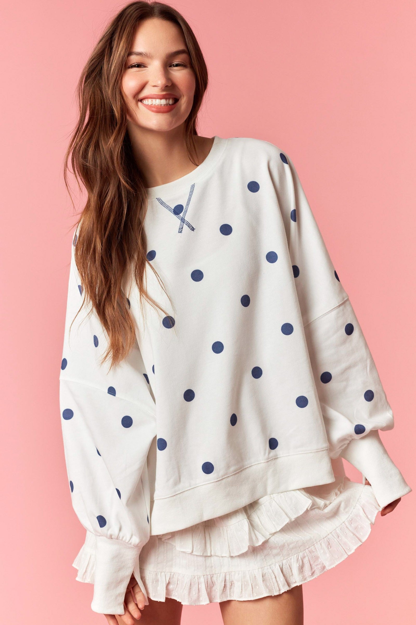 Off White & Blue Polkadot Oversized Crewneck Pullover