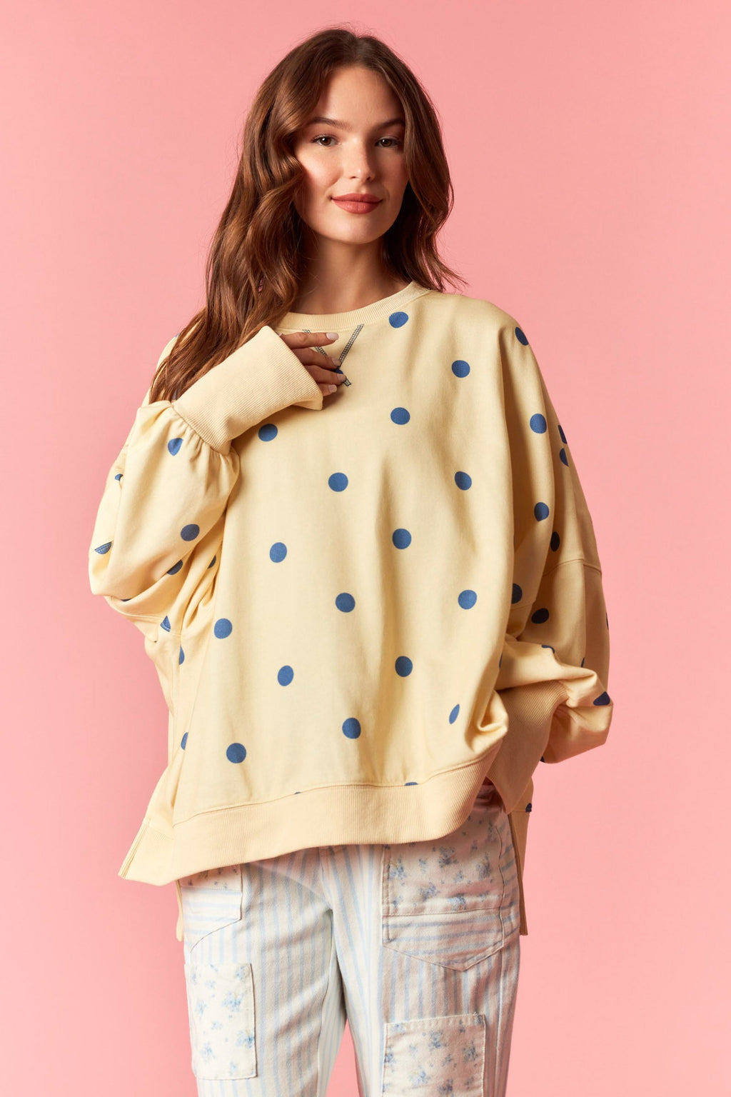 Yellow & Blue Polkadot Oversized Crewneck Pullover