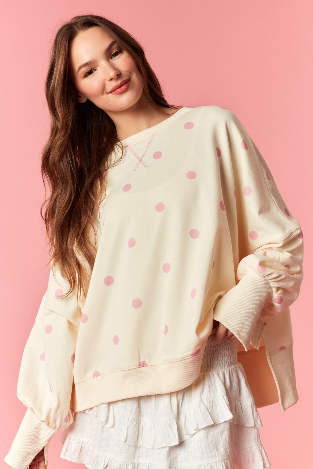 Ivory & Pink Polkadot Oversized Crewneck Pullover