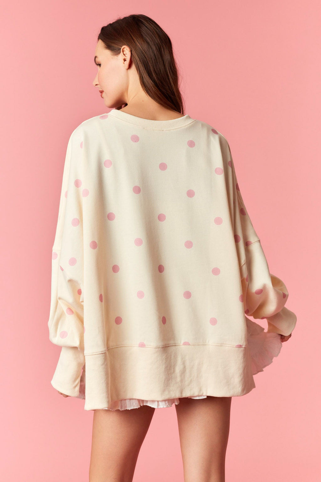 Ivory & Pink Polkadot Oversized Crewneck Pullover