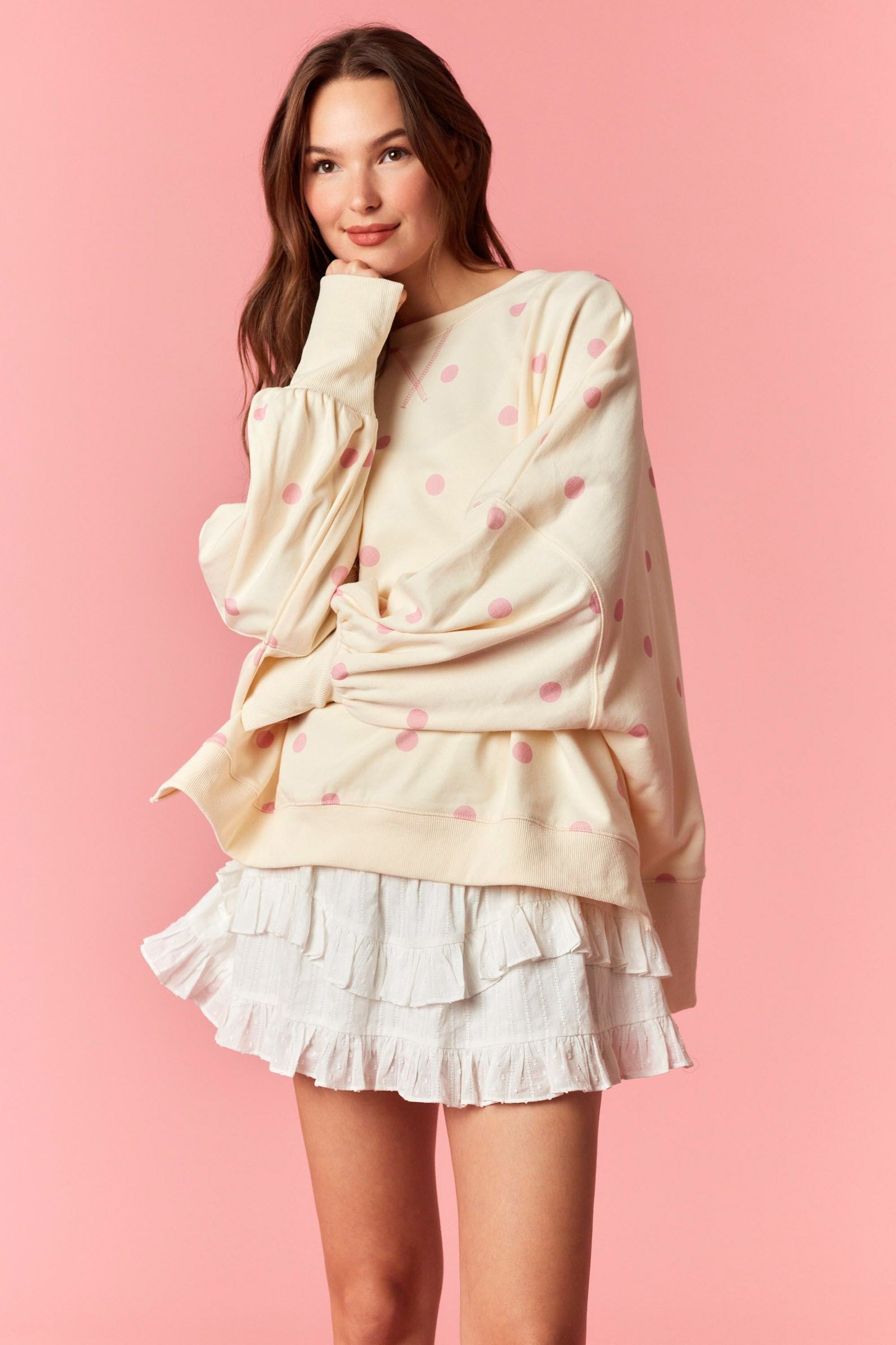 Ivory & Pink Polkadot Oversized Crewneck Pullover