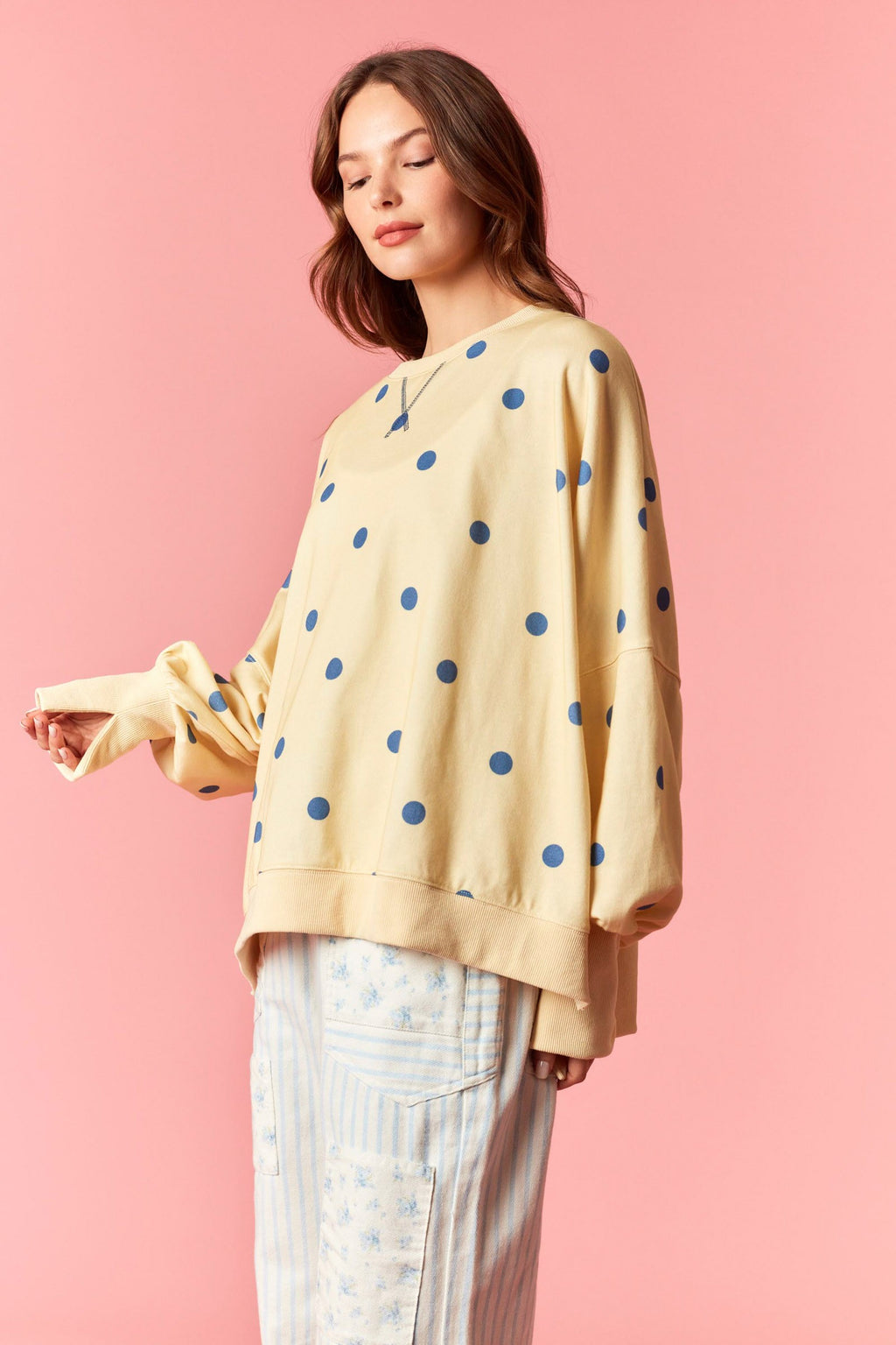 Yellow & Blue Polkadot Oversized Crewneck Pullover
