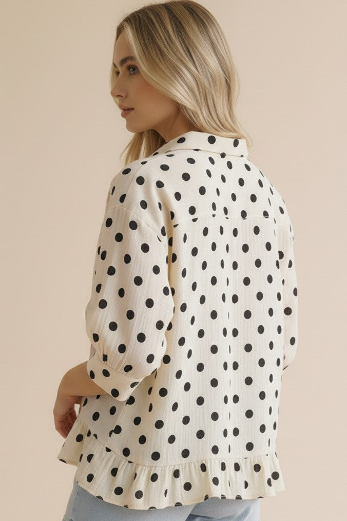 Ivory/Black Peplum Polka Dot Top