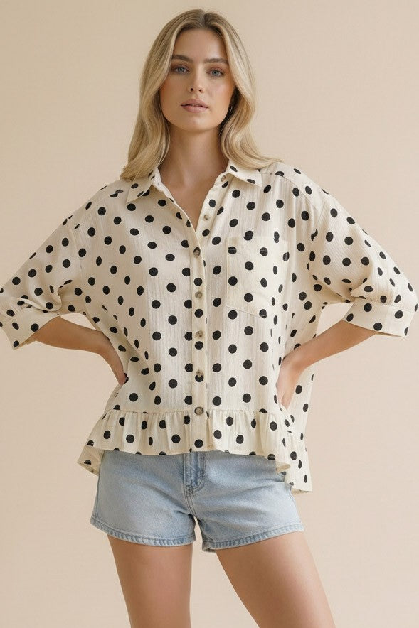 Ivory/Black Peplum Polka Dot Top