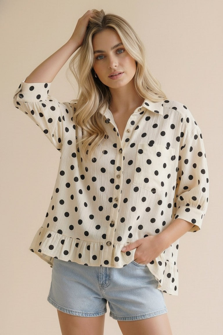 Ivory/Black Peplum Polka Dot Top