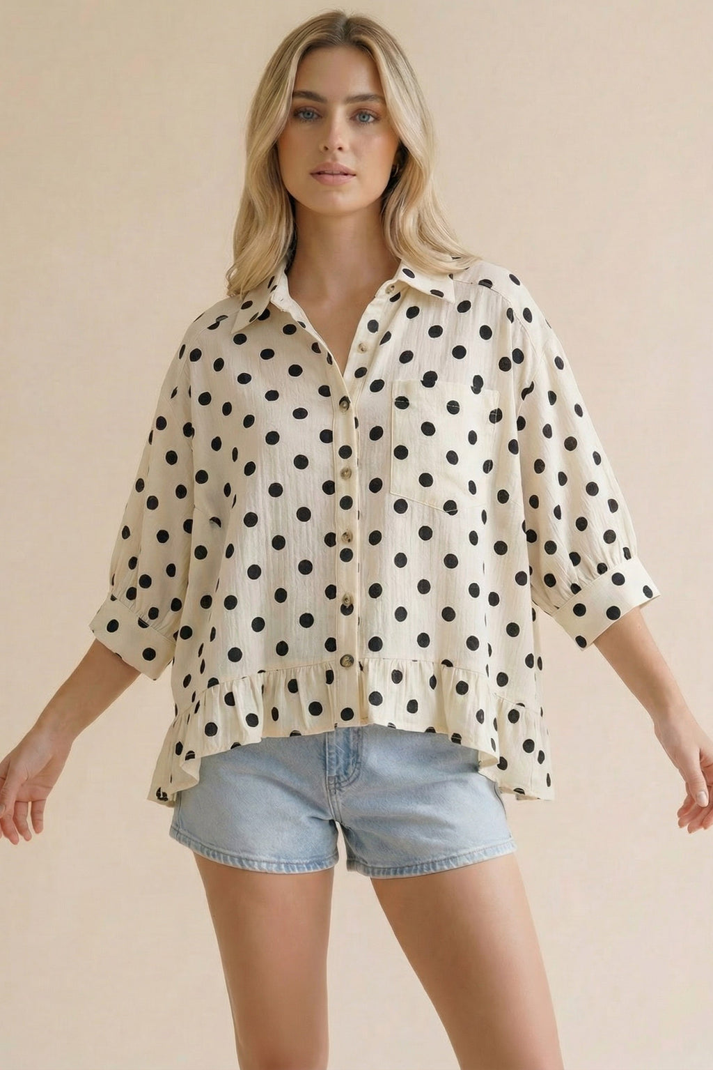 Ivory/Black Peplum Polka Dot Top