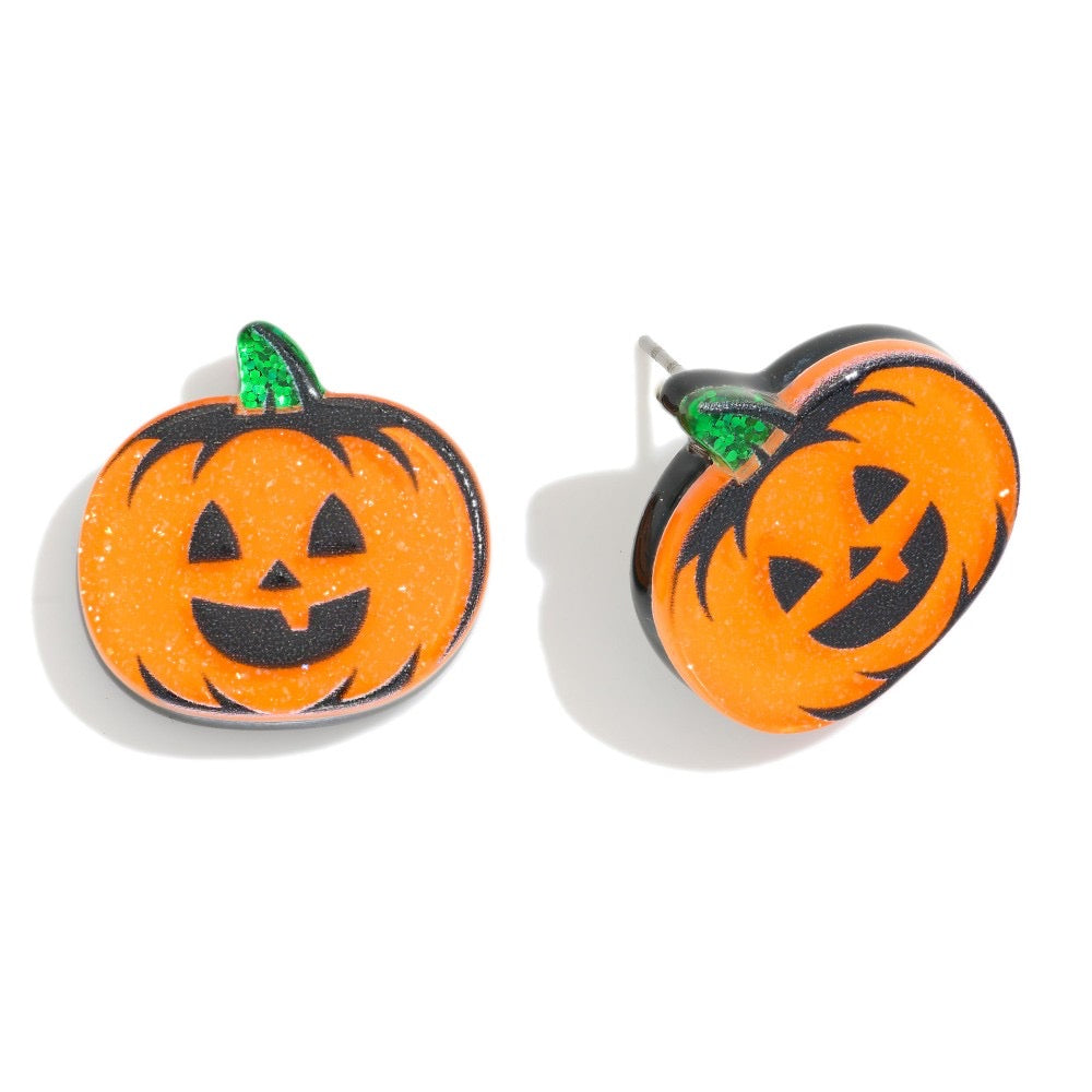 Glitter Jack O Lantern Stud Earrings