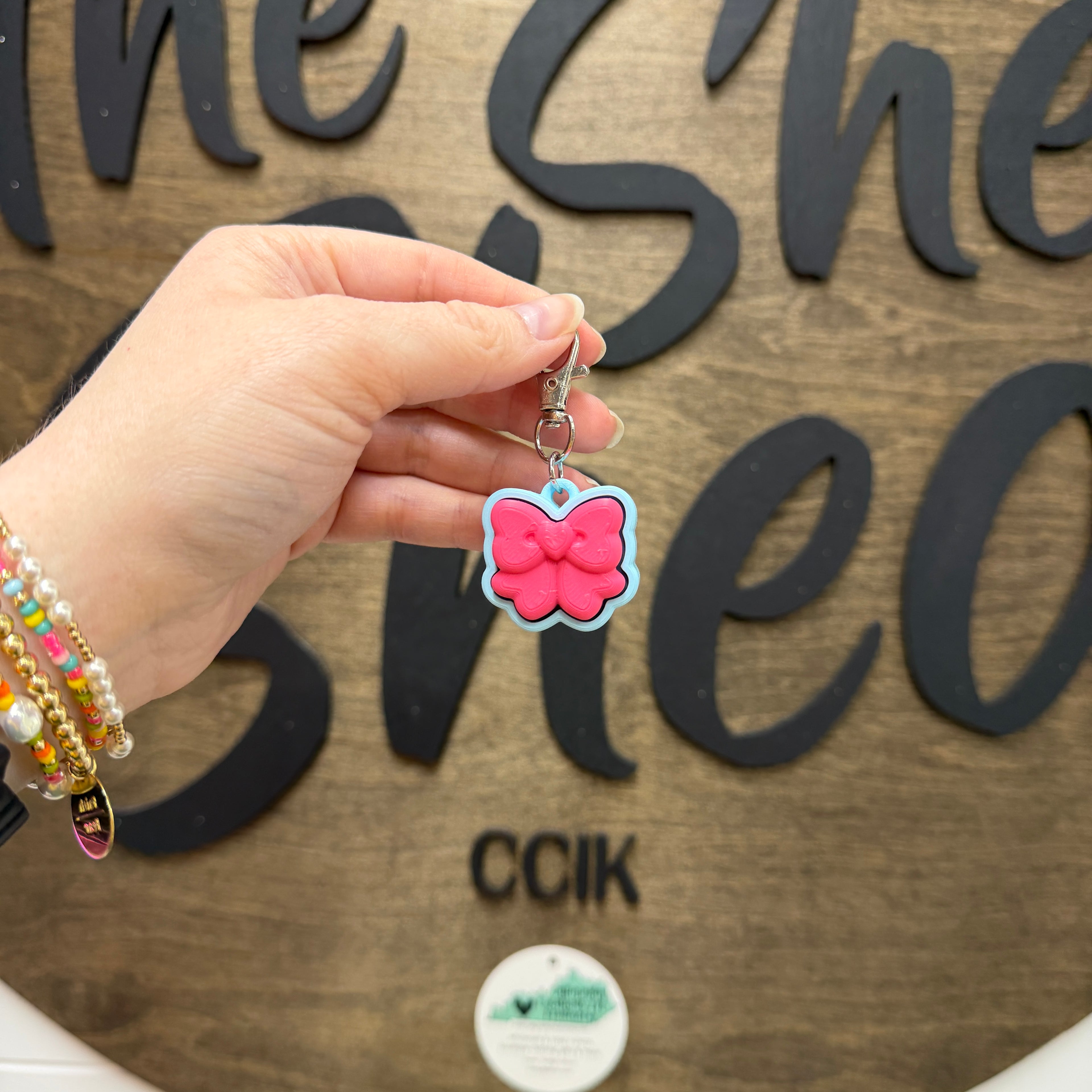 Hot Pink/Light Blue Bow Fidget Clicker Keychain