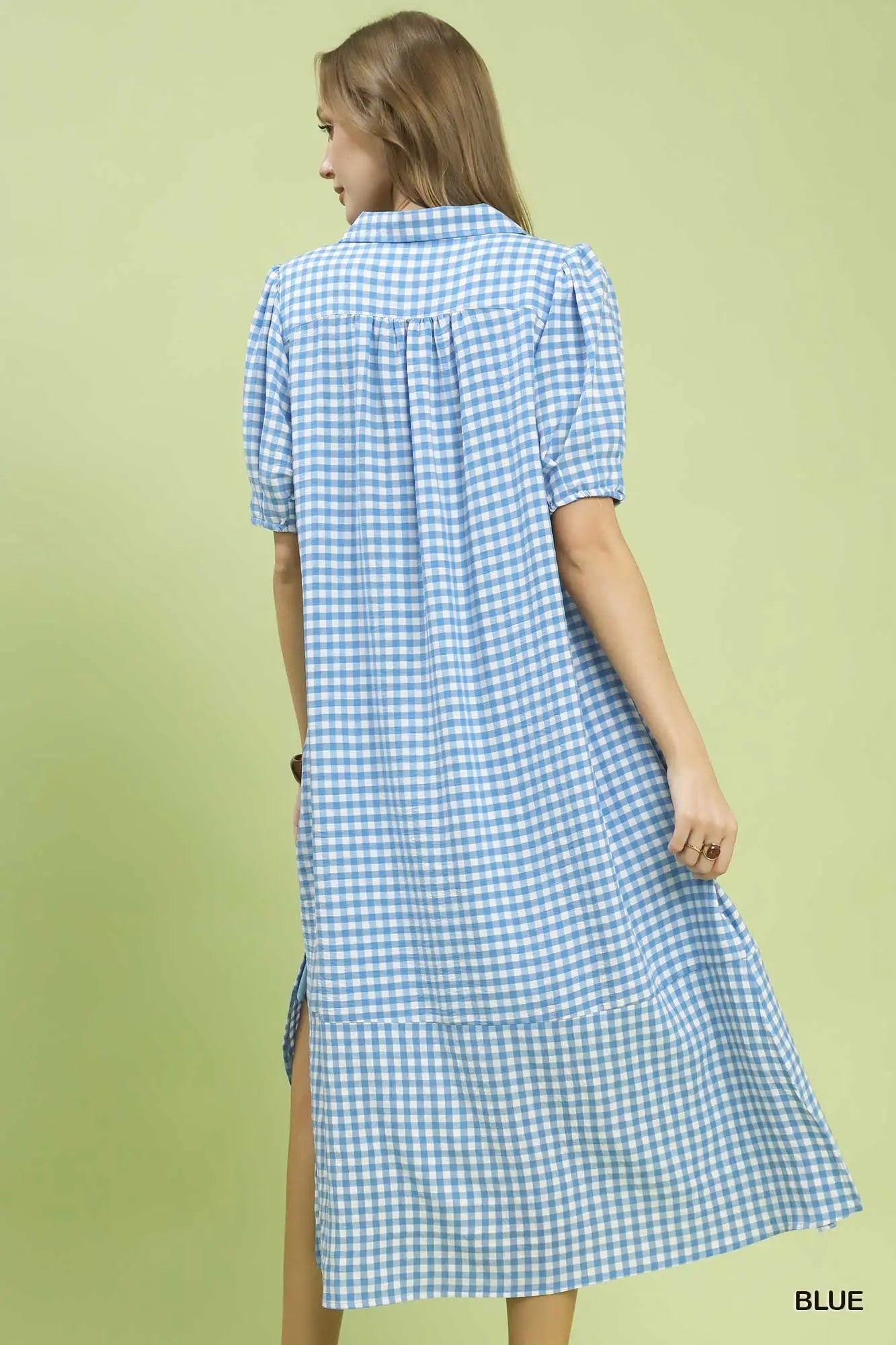Blue gingham midi dress