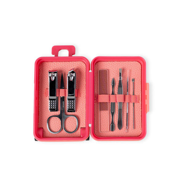 Coral case with nails tools inside on a white background