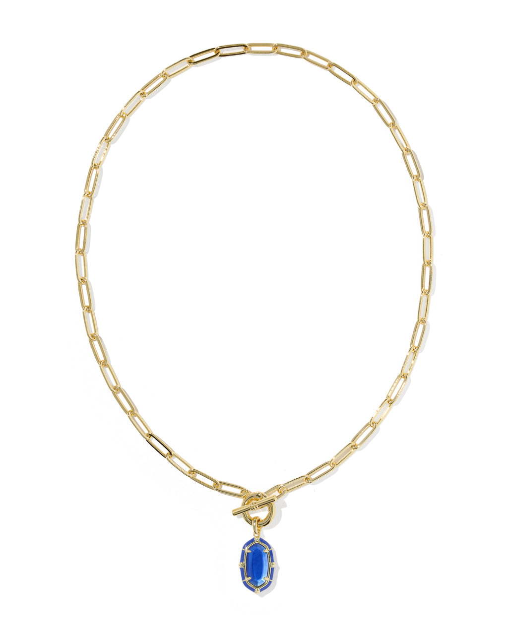 A gold paperclip chain necklace with a toggle clasp and a dangling blue oval gemstone pendant, shown on a plain white background.