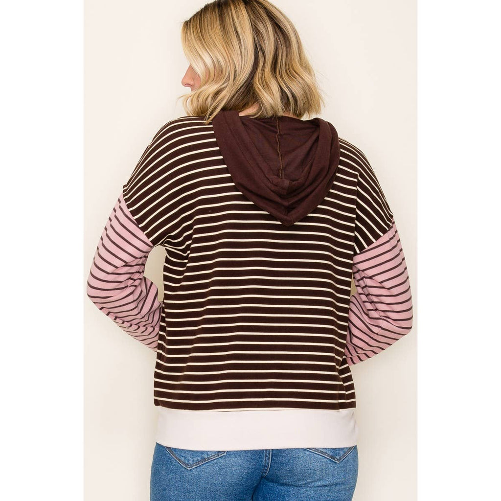 Neutral Colorblock Stripe Hoodie Top