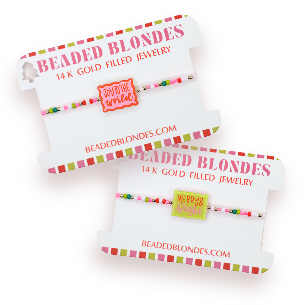 Beaded blondes jewelry with packaging on a white background