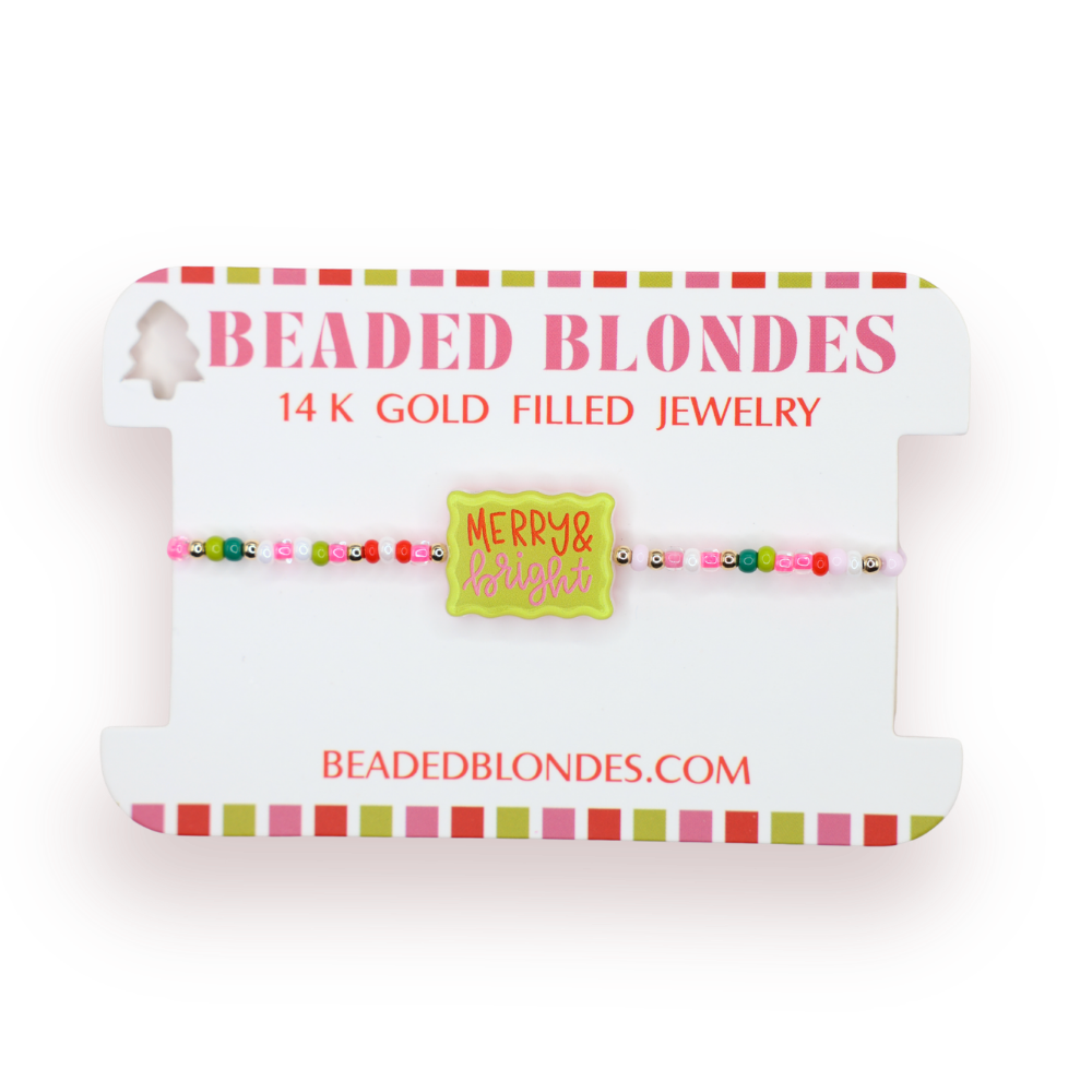 Beaded blondes jewelry card with colorful bracelet and 'Merry & Bright' tag on a white background