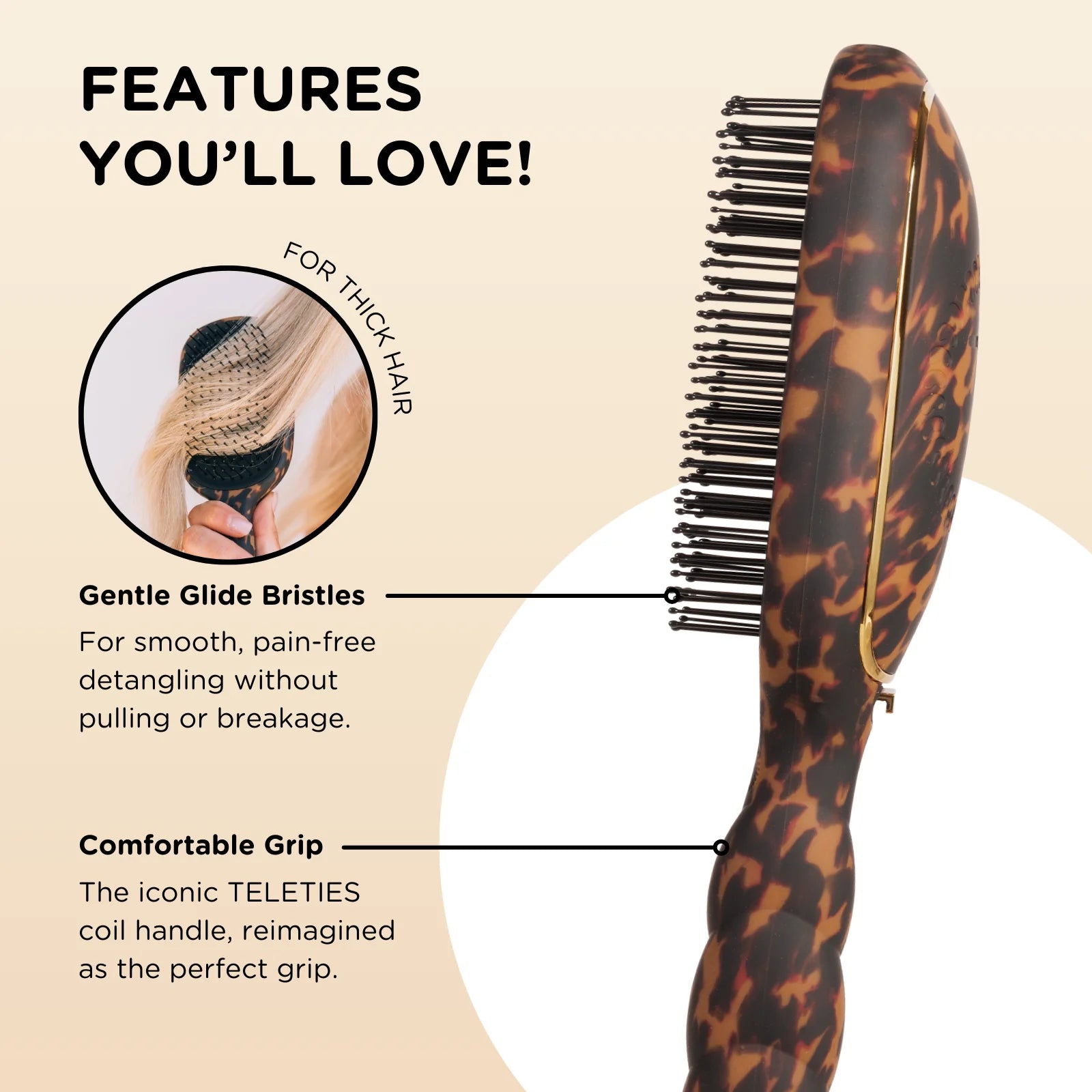 TELETIES Detangler Hair Brush for Thick Hair – Tortoise