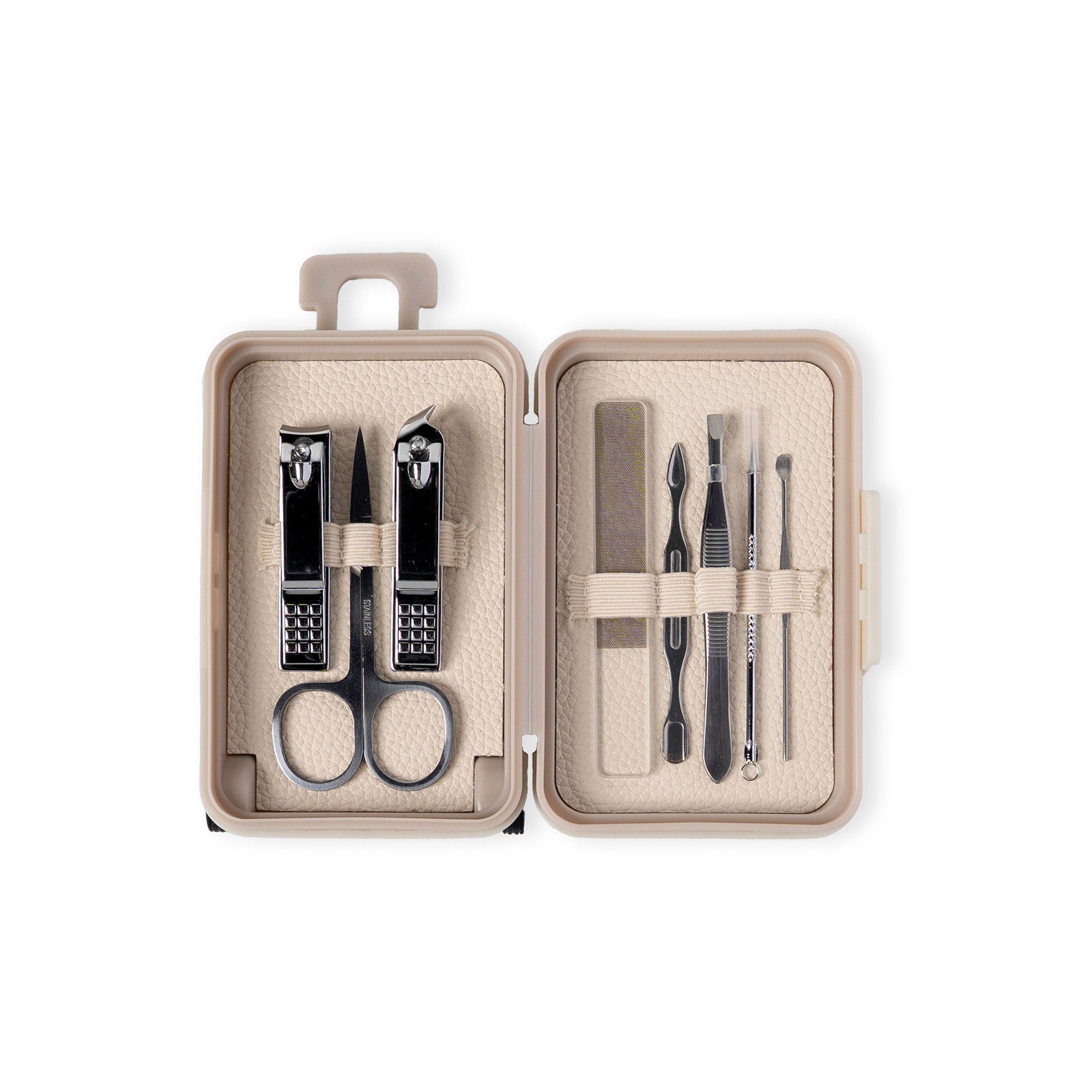 Beige case with nail tools inside on a black background